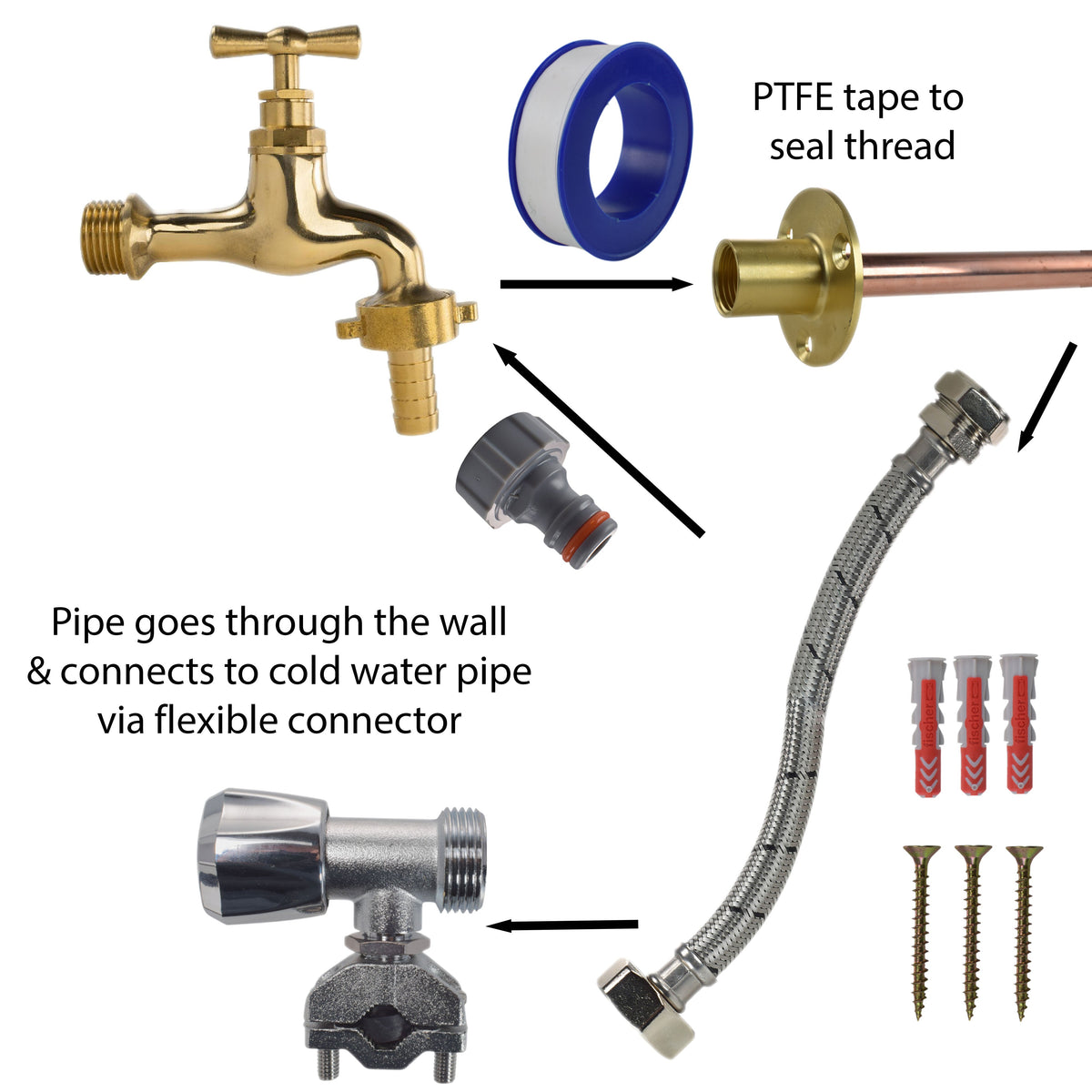 Polished Brass 13mm Barb Tap FULL Connection Kit Garden Hose Pipe Barb Connector