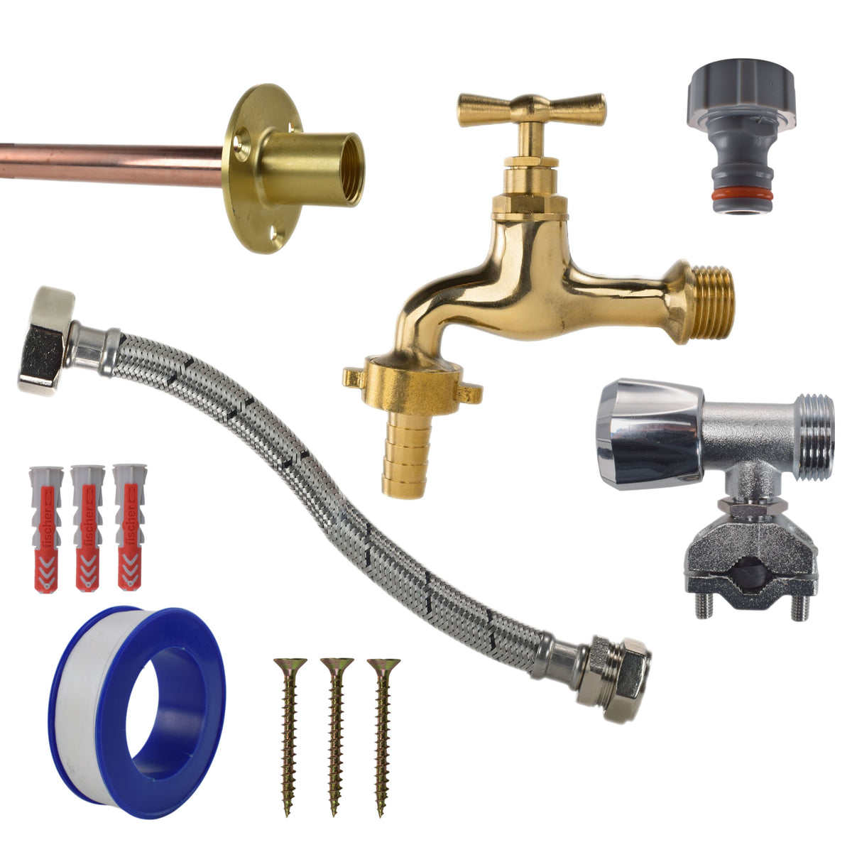 Polished Brass 13mm Barb Tap FULL Connection Kit Garden Hose Pipe Barb Connector