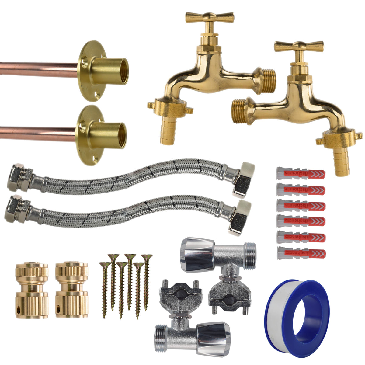 Polished Brass 13mm Barb Tap FULL Connection Kit x2 Garden Hose Pipe Tap Adapter