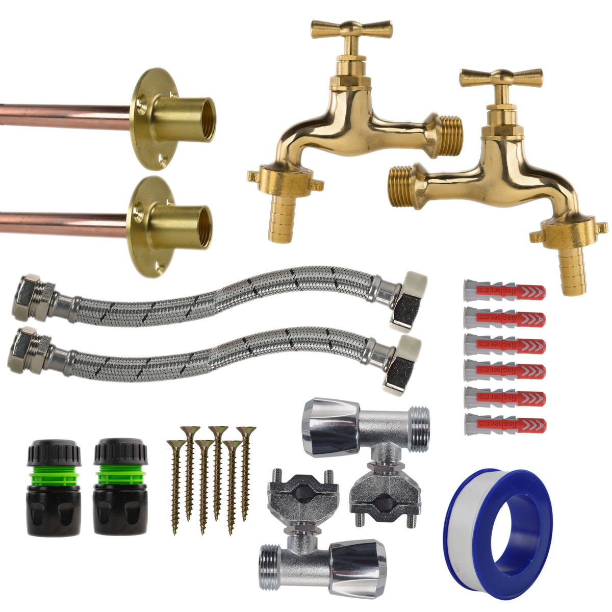 Polished Brass 13mm Barb Tap FULL Connection Kit x2 Garden Hose Pipe Tap Adapter