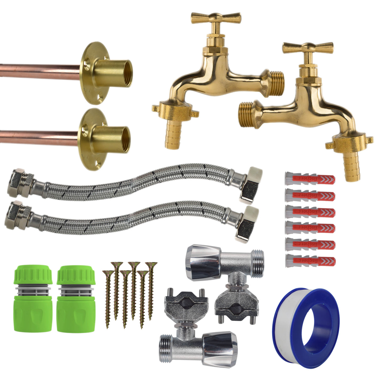 Polished Brass 13mm Barb Tap FULL Connection Kit x2 Garden Hose Pipe Tap Adapter