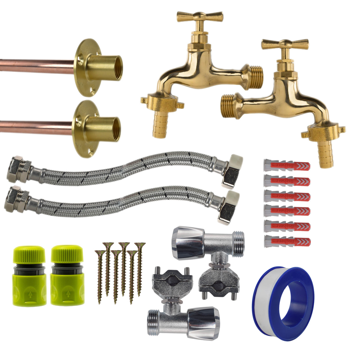 Polished Brass 13mm Barb Tap FULL Connection Kit x2 Garden Hose Pipe Tap Adapter