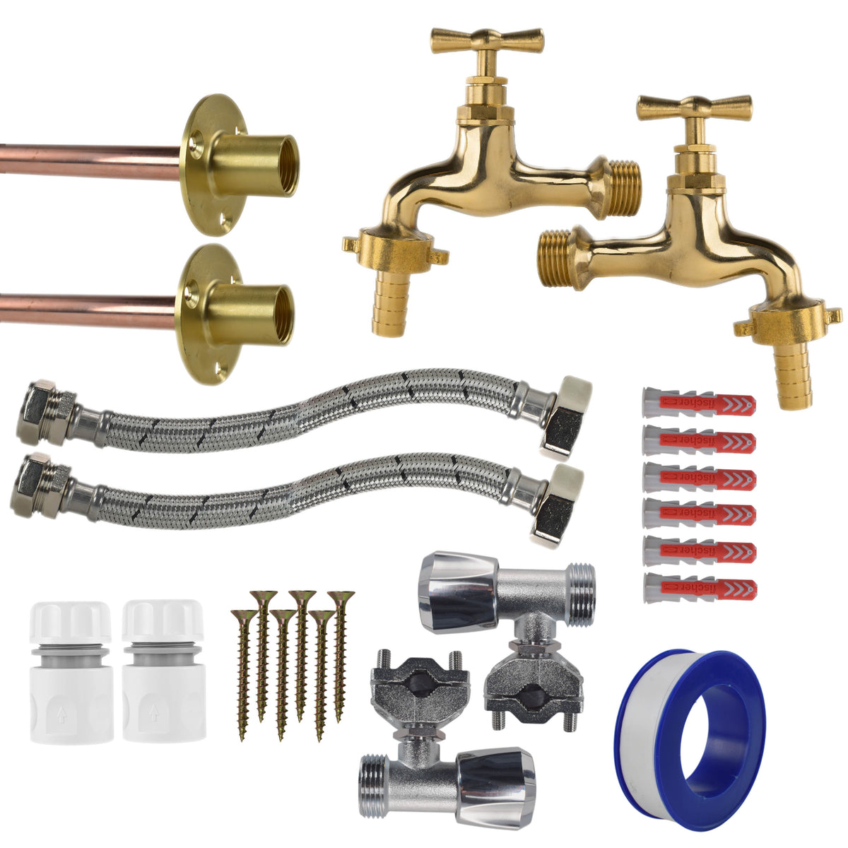 Polished Brass 13mm Barb Tap FULL Connection Kit x2 Garden Hose Pipe Tap Adapter