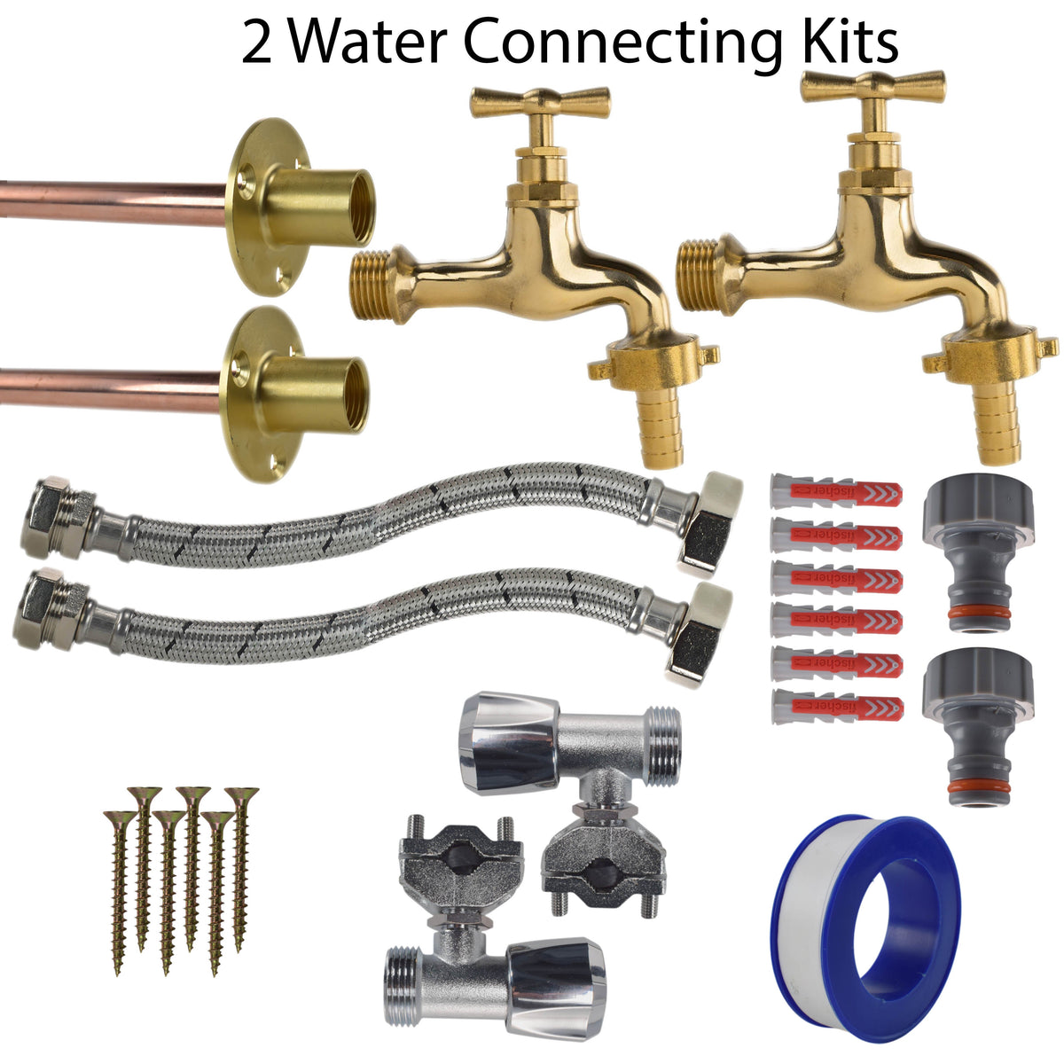 Polished Brass 13mm Barb Tap FULL Connection Kit x2 Garden Hose Pipe Tap Adapter