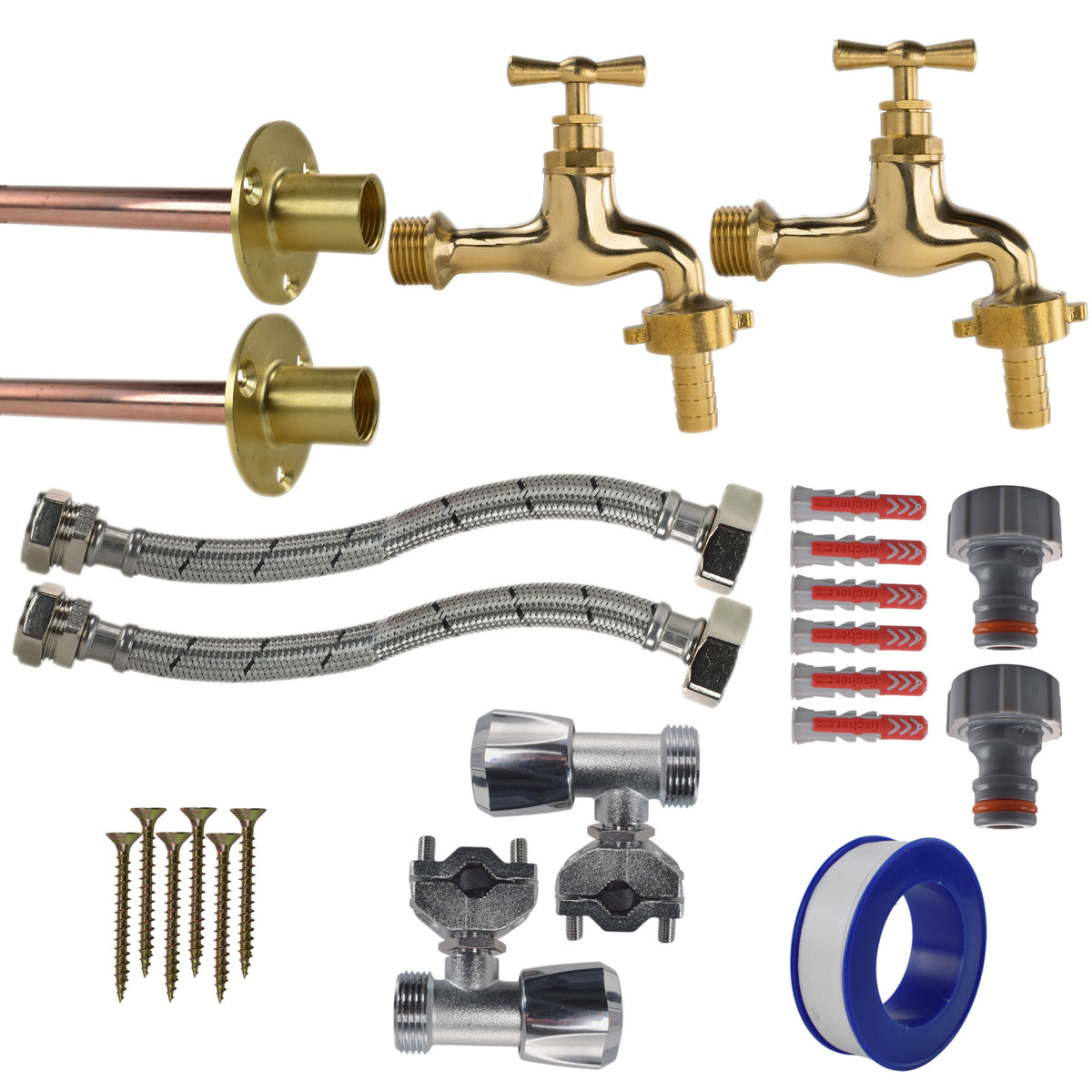 Polished Brass 13mm Barb Tap FULL Connection Kit x2 Garden Hose Pipe Tap Adapter
