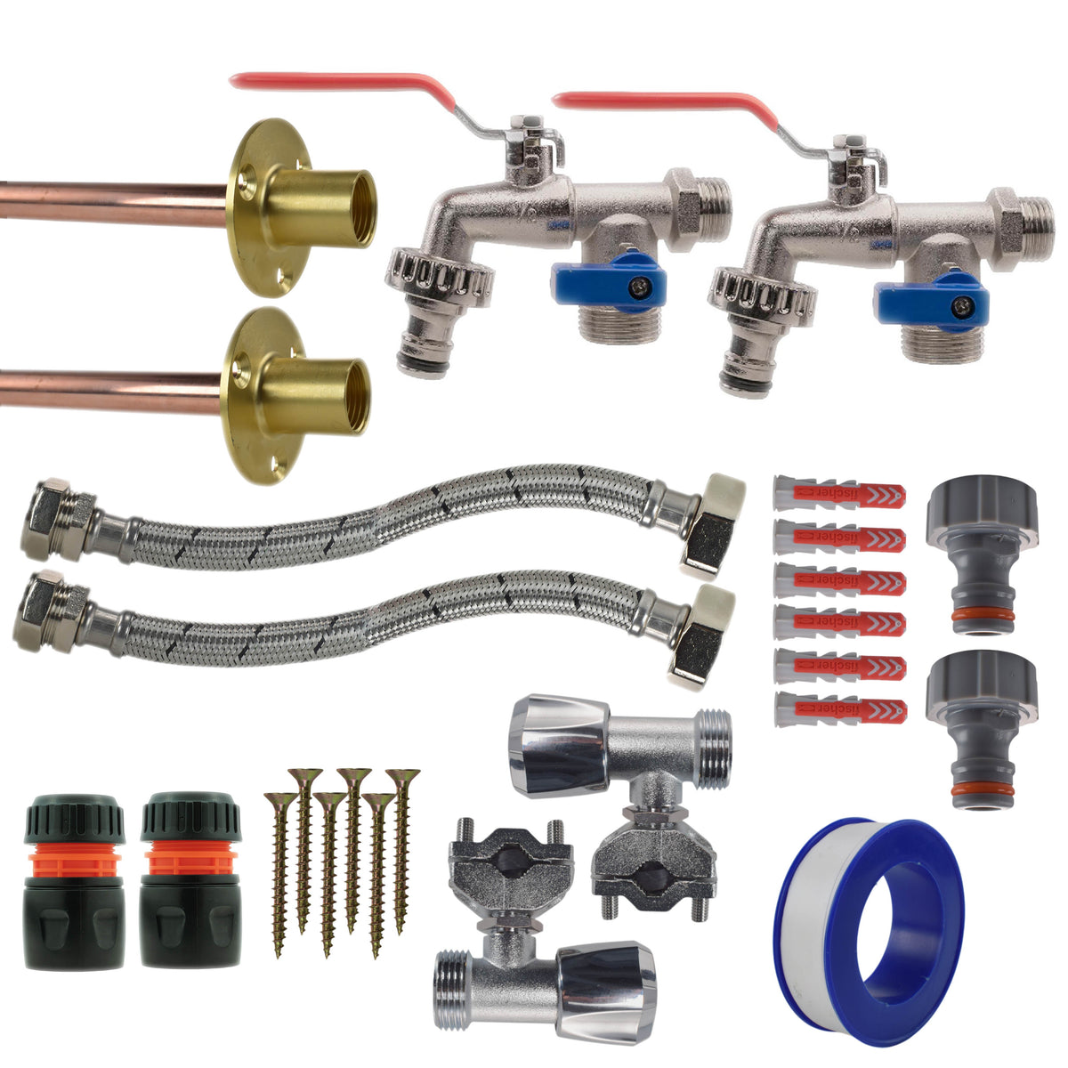 Double Lever Tap FULL Connection Kit x2 Outdoor Watering Kit Brass Water Fitting
