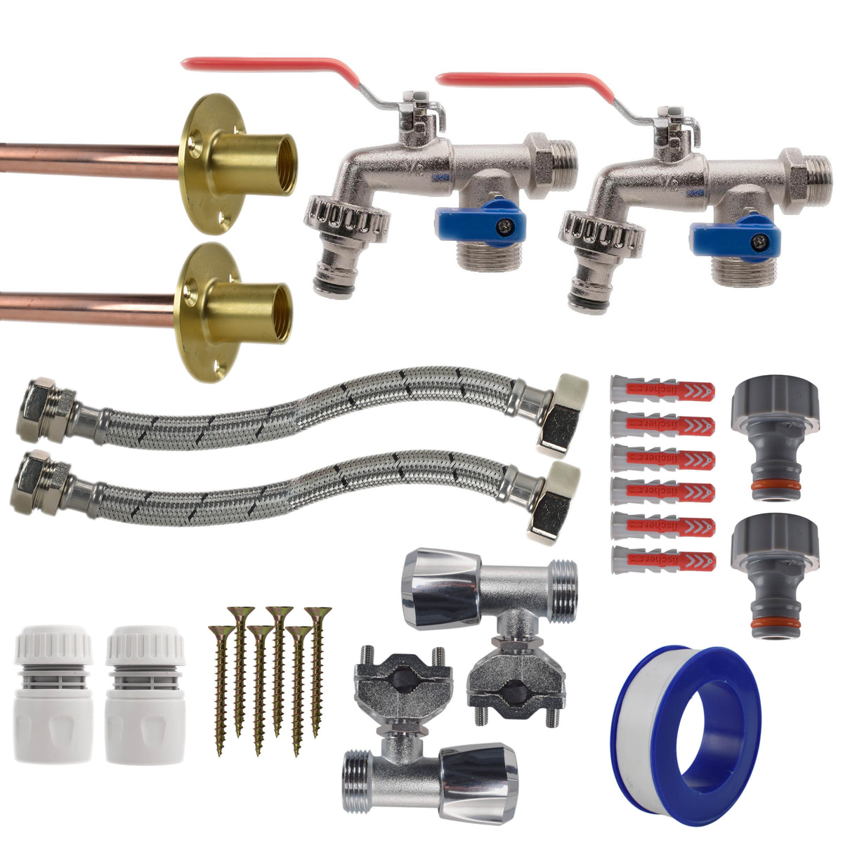 Double Lever Tap FULL Connection Kit x2 Outdoor Watering Kit Brass Water Fitting