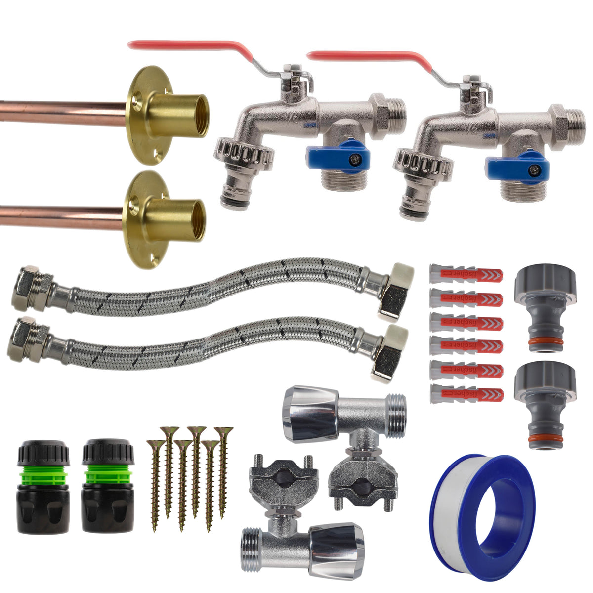 Double Lever Tap FULL Connection Kit x2 Outdoor Watering Kit Brass Water Fitting