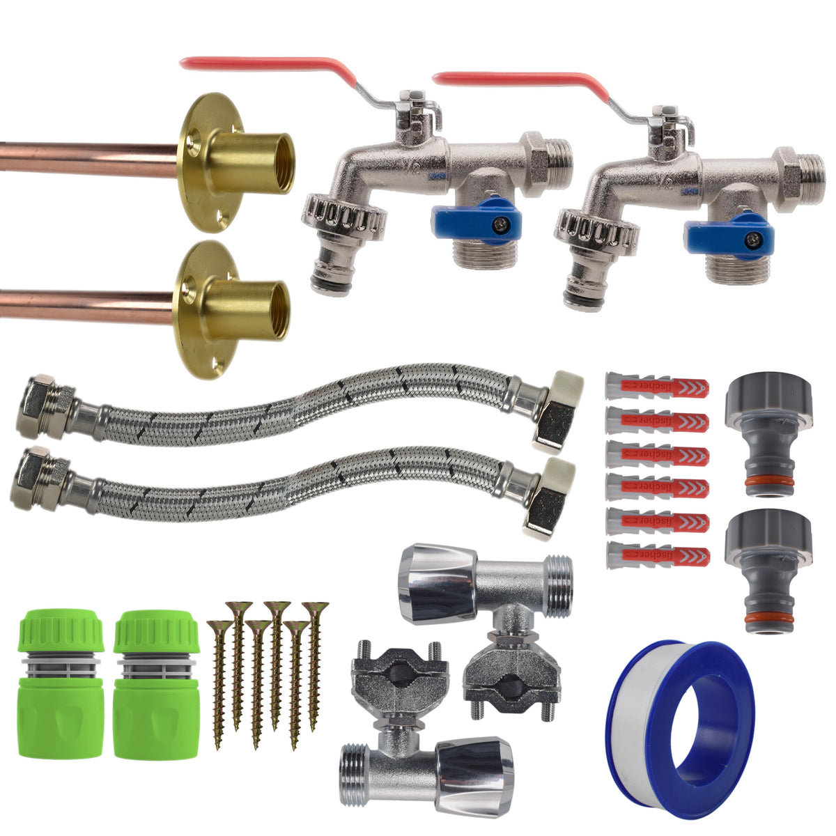 Double Lever Tap FULL Connection Kit x2 Outdoor Watering Kit Brass Water Fitting