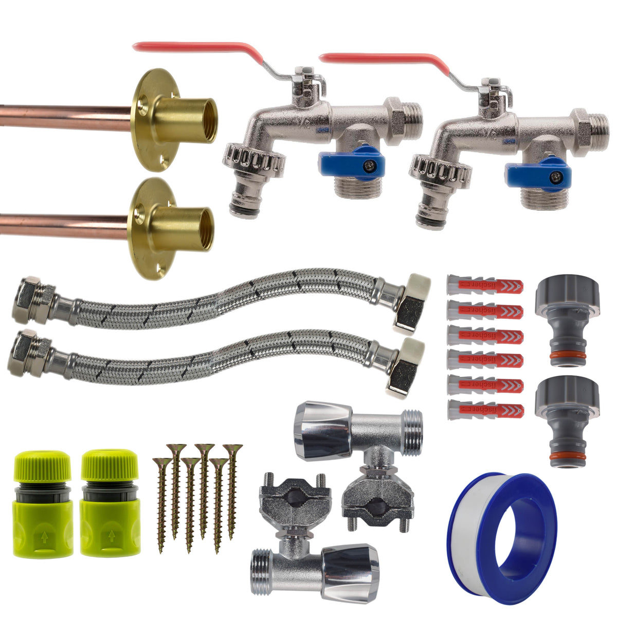 Double Lever Tap FULL Connection Kit x2 Outdoor Watering Kit Brass Water Fitting