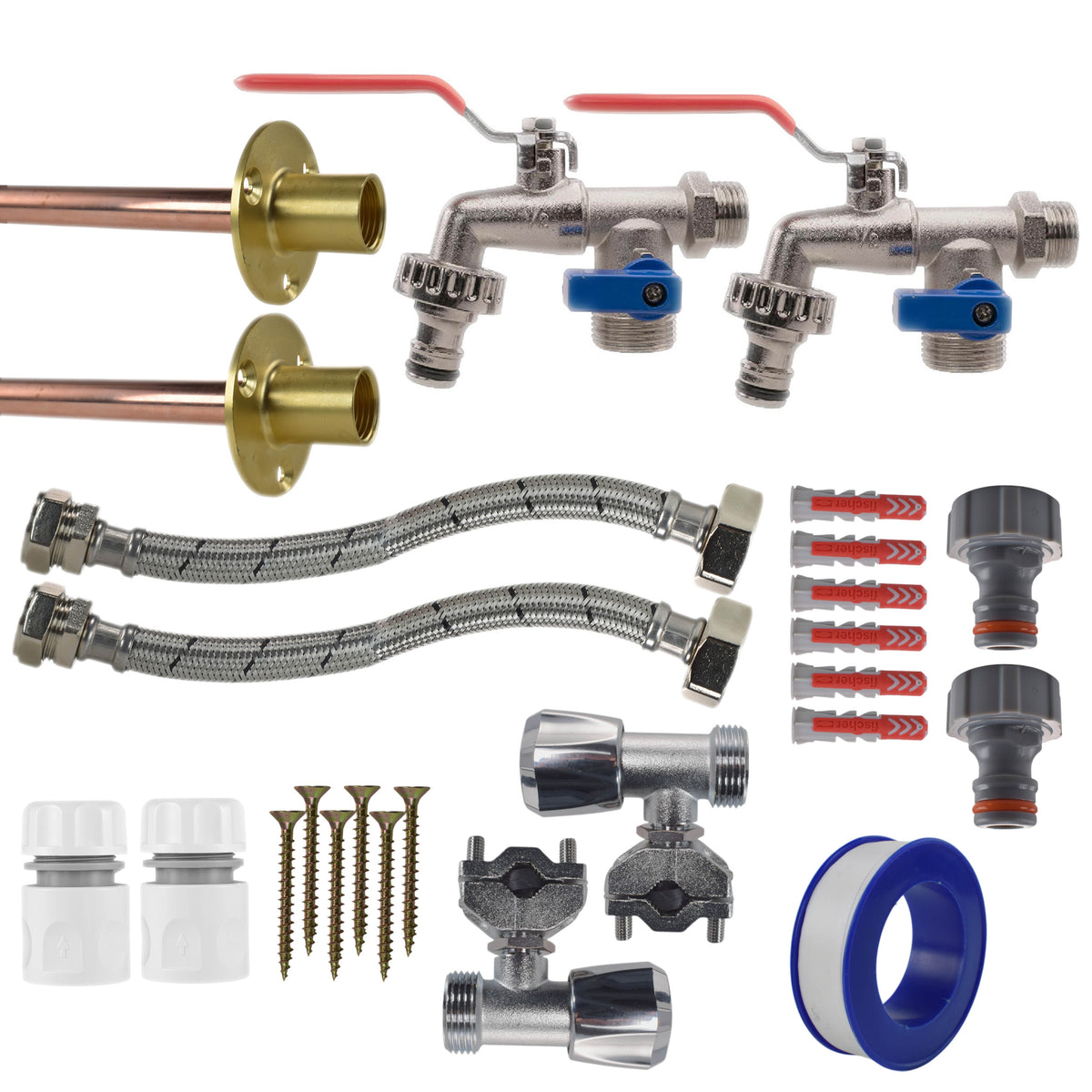 Double Lever Tap FULL Connection Kit x2 Outdoor Watering Kit Brass Water Fitting