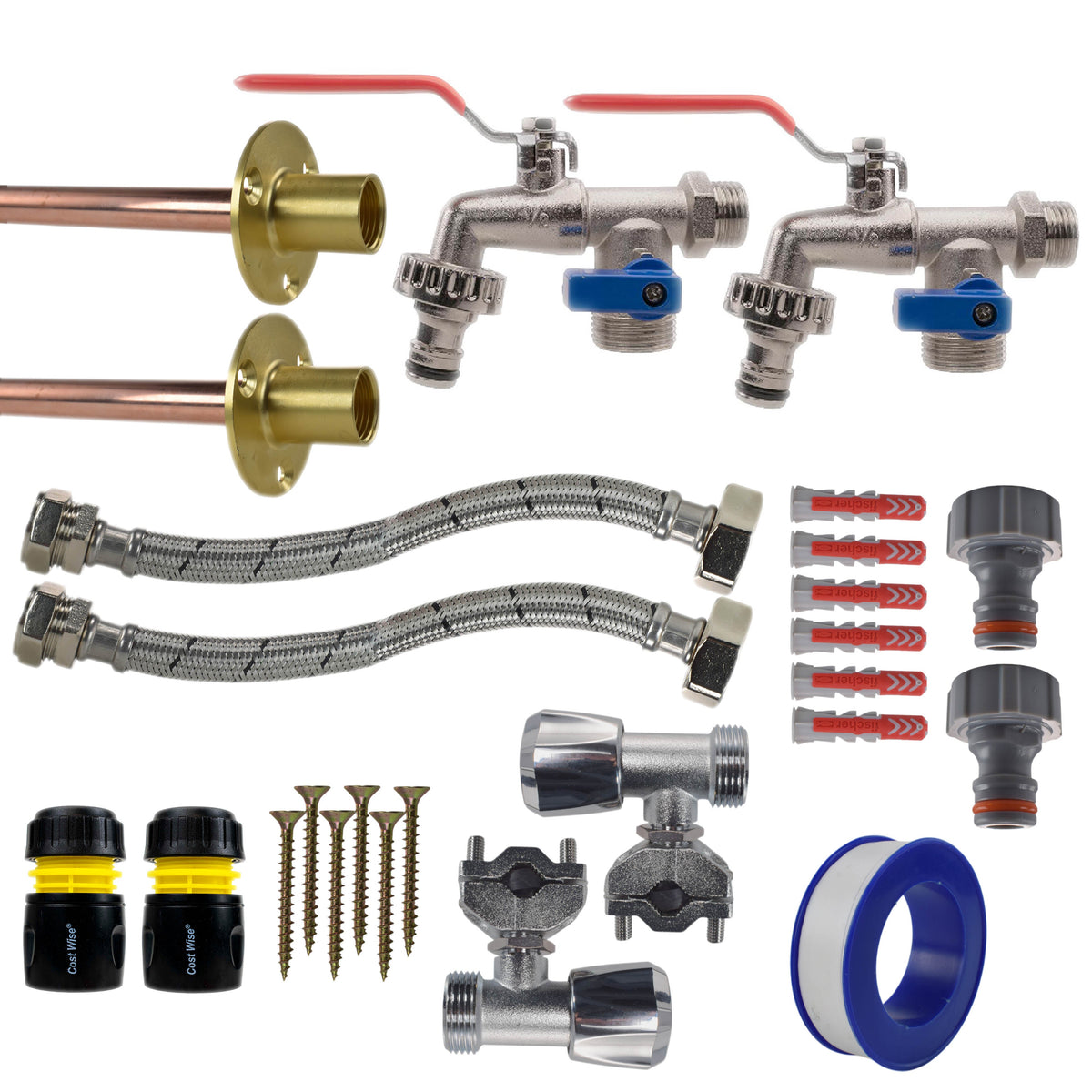 Double Lever Tap FULL Connection Kit x2 Outdoor Watering Kit Brass Water Fitting