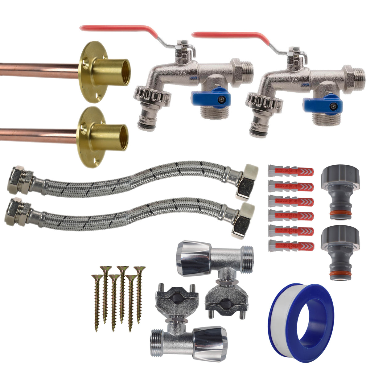 Double Lever Tap FULL Connection Kit x2 Outdoor Watering Kit Brass Water Fitting