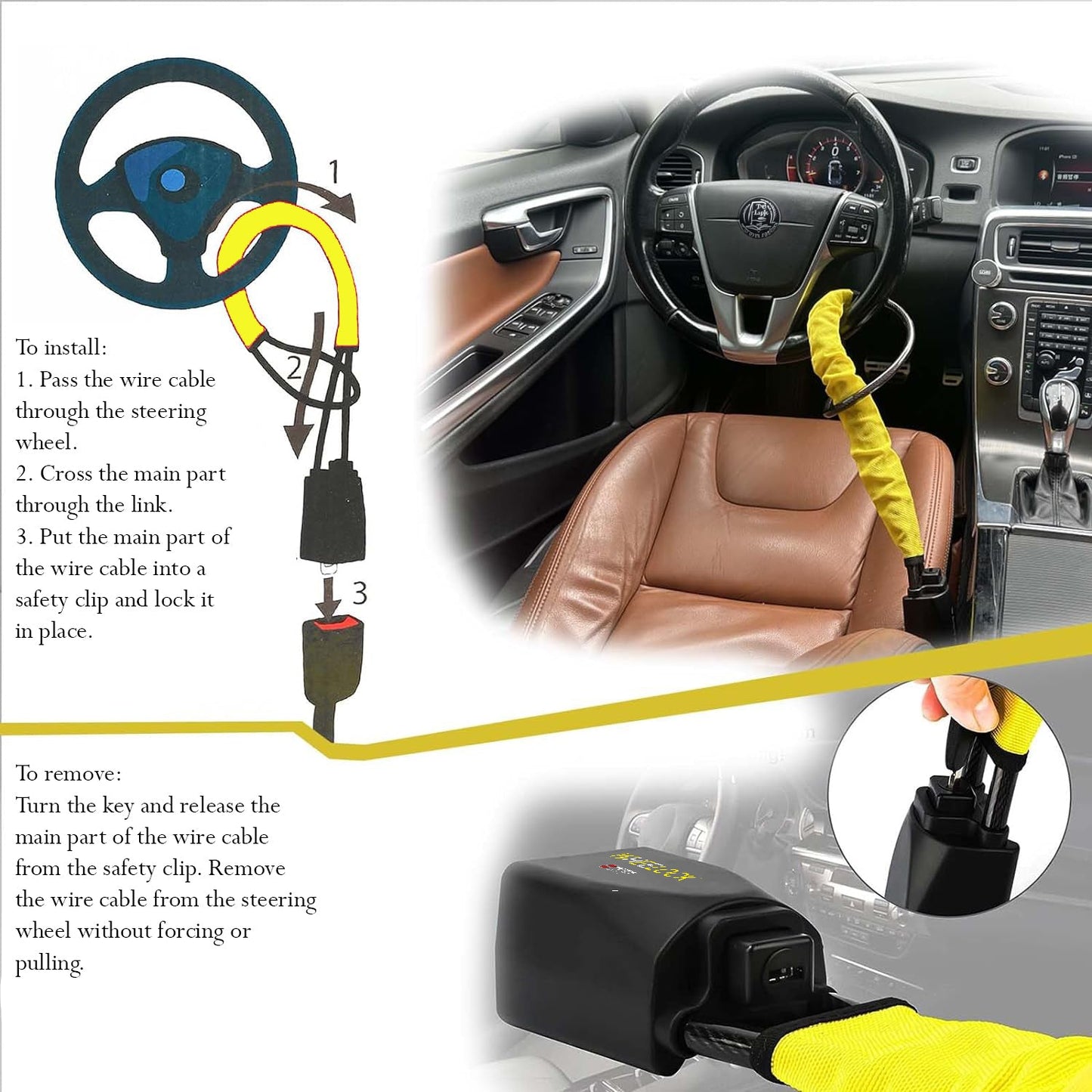 WheeLock Car Security Anti-Theft Steering Wheel Seat Belt Lock with 3 Keys for Cars, SUVs, Vans