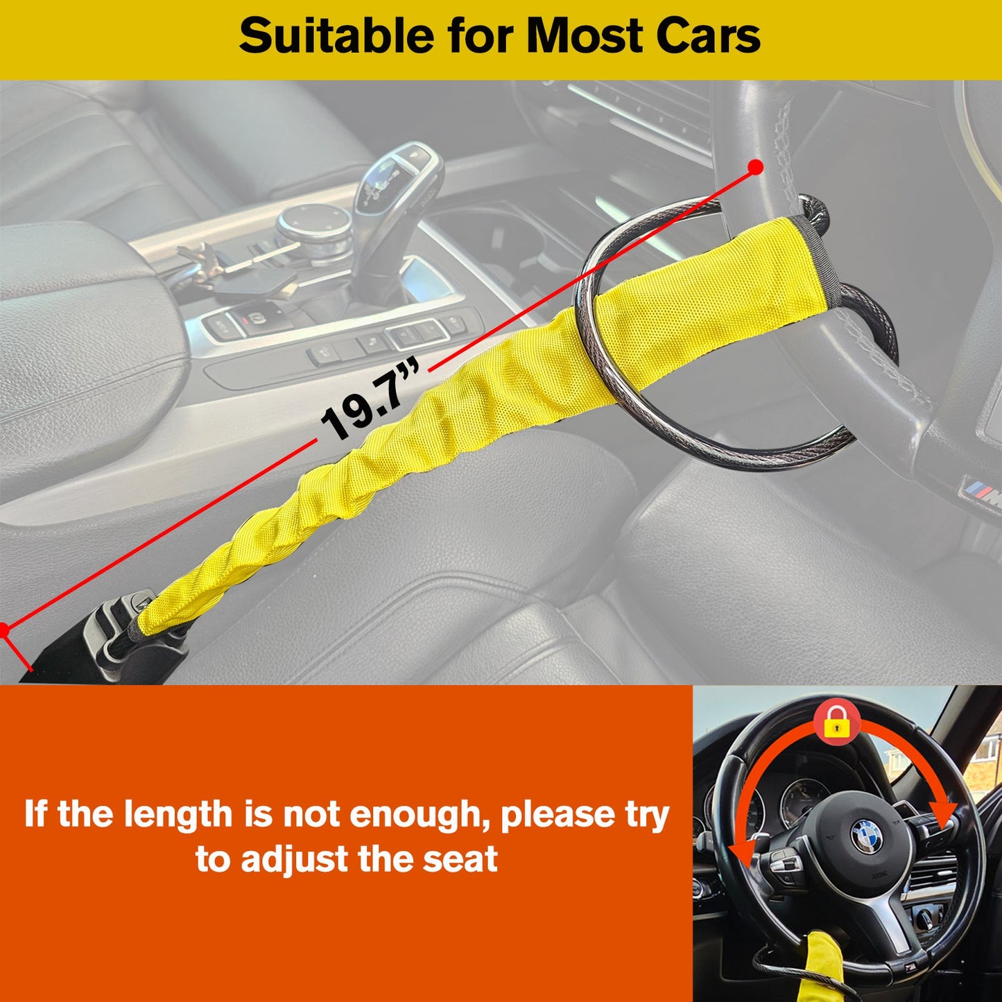 WheeLock Car Security Anti-Theft Steering Wheel Seat Belt Lock with 3 Keys for Cars, SUVs, Vans