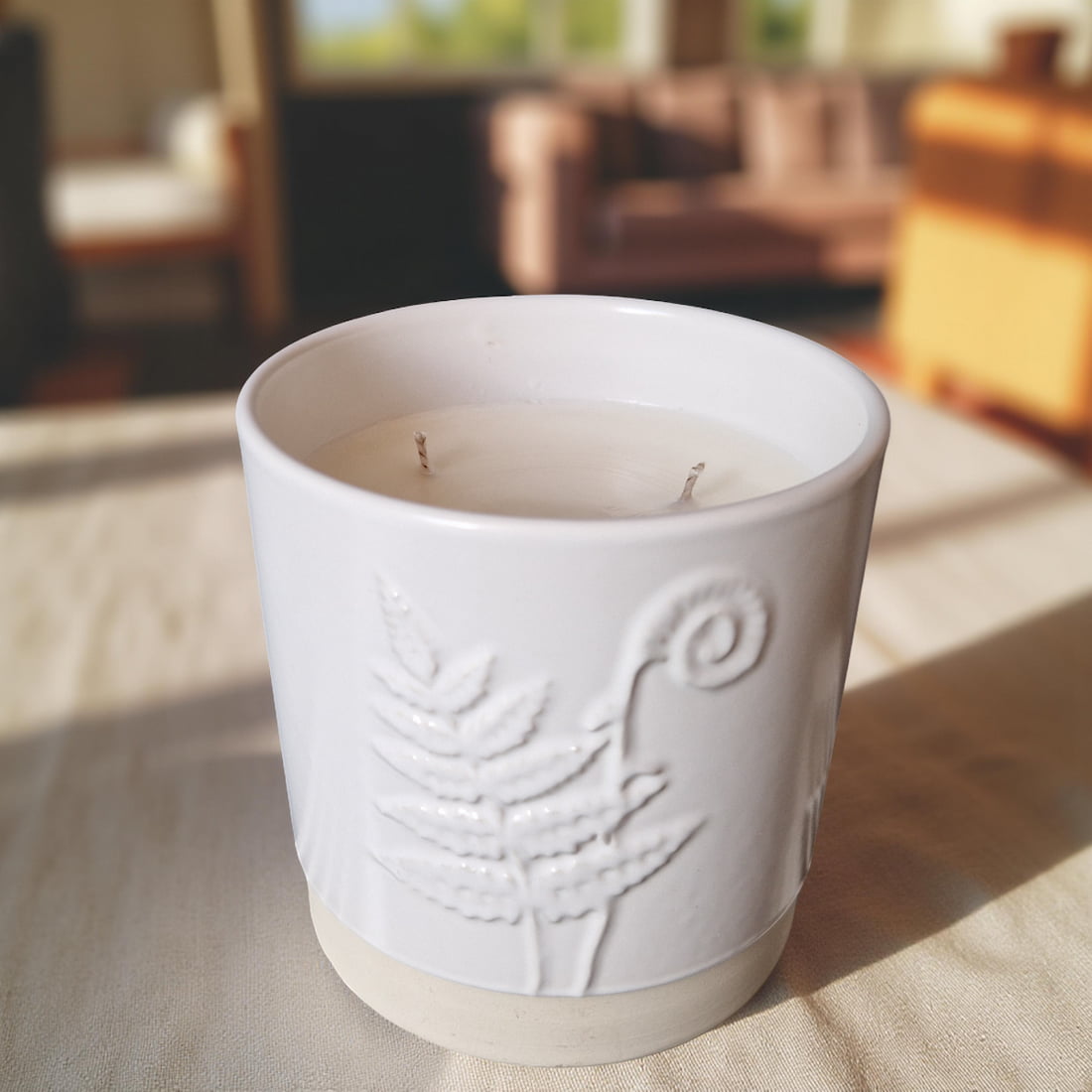 3-Wick Candle in White Ceramic Fern Pot