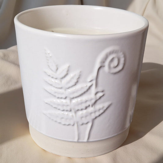 3-Wick Candle in White Ceramic Fern Pot