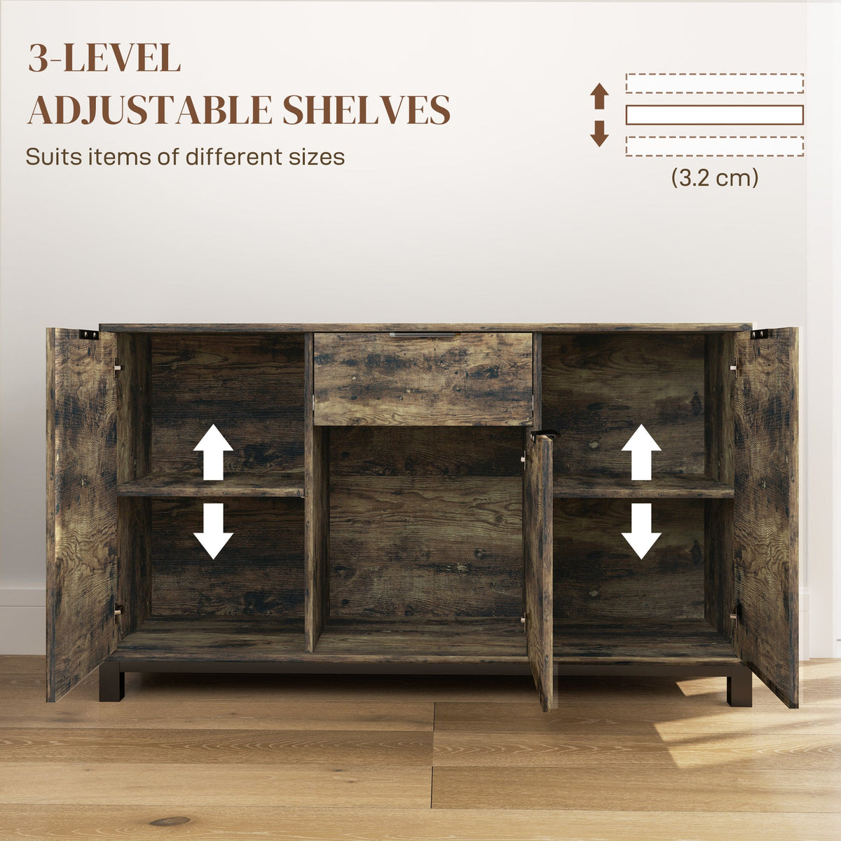 HOMCOM Sideboard, Industrial Storage Cabinet for Living Room, Rustic Brown