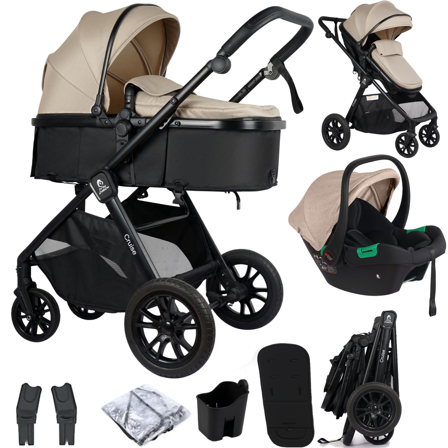 For Your Little One Cruise 3 In 1 Travel System With Car Seat - Dune Beige (Free Cupholder And Seat Liner Included!)
