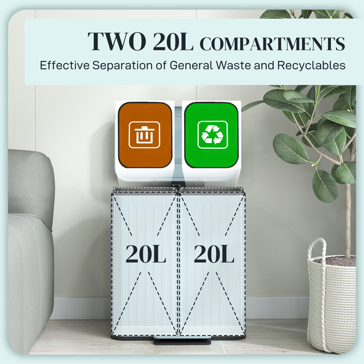 HOMCOM 2 x 20L Double Rubbish Bin, Pedal Bin with Soft-Close Lid, Light Green