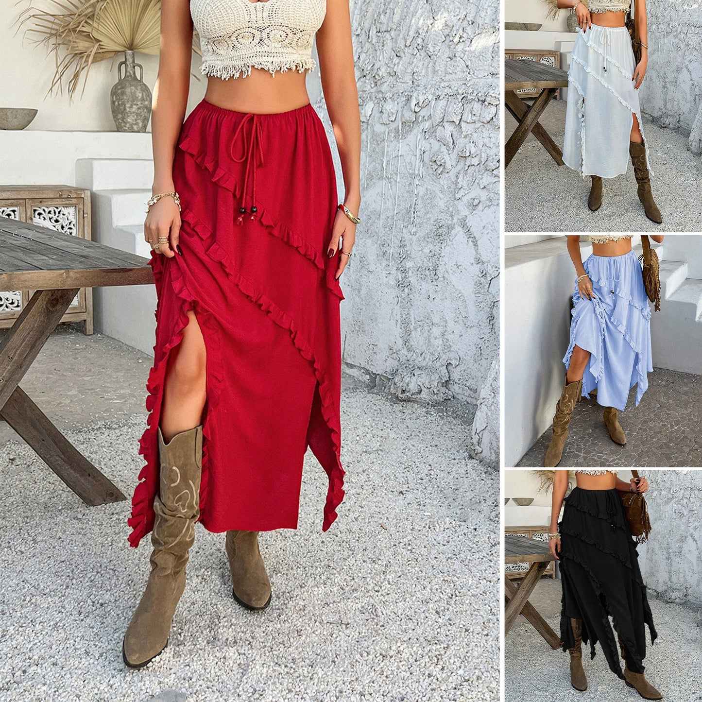 Women's Solid-Color Lace-Up Skirt In Casual Resort Style From Europe And America