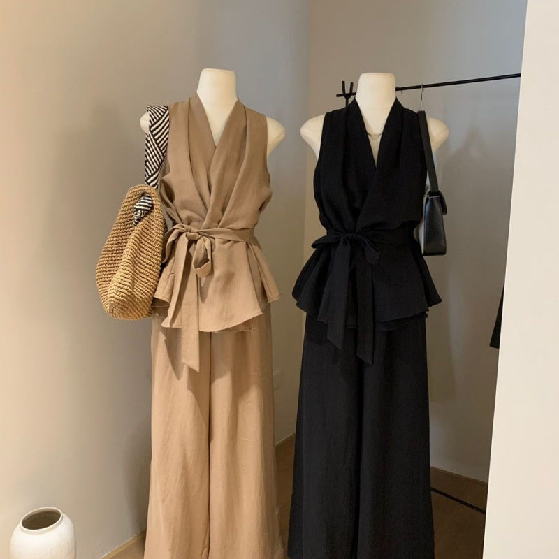 Summer Fashion New Sleeveless Waist-tight Design Lace-up Shirt High Waist Wide Leg Pants Suit