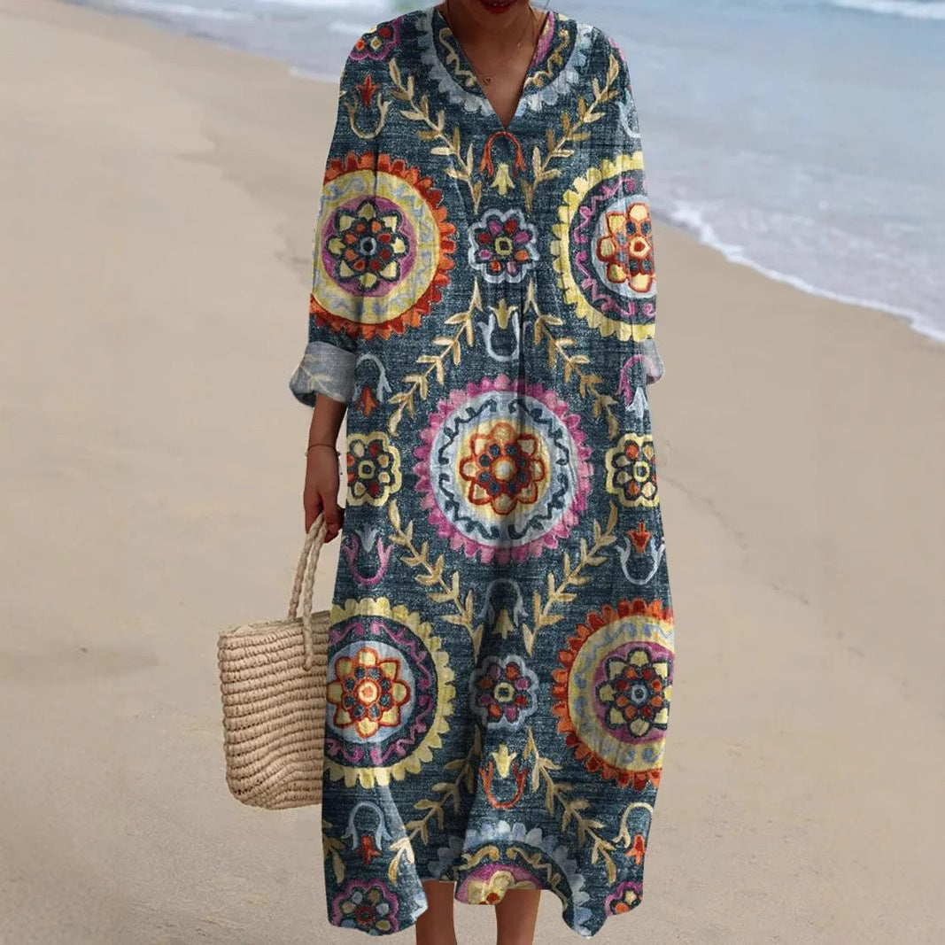 Women's Casual Floral Print Long-Sleeve Shirt Dress