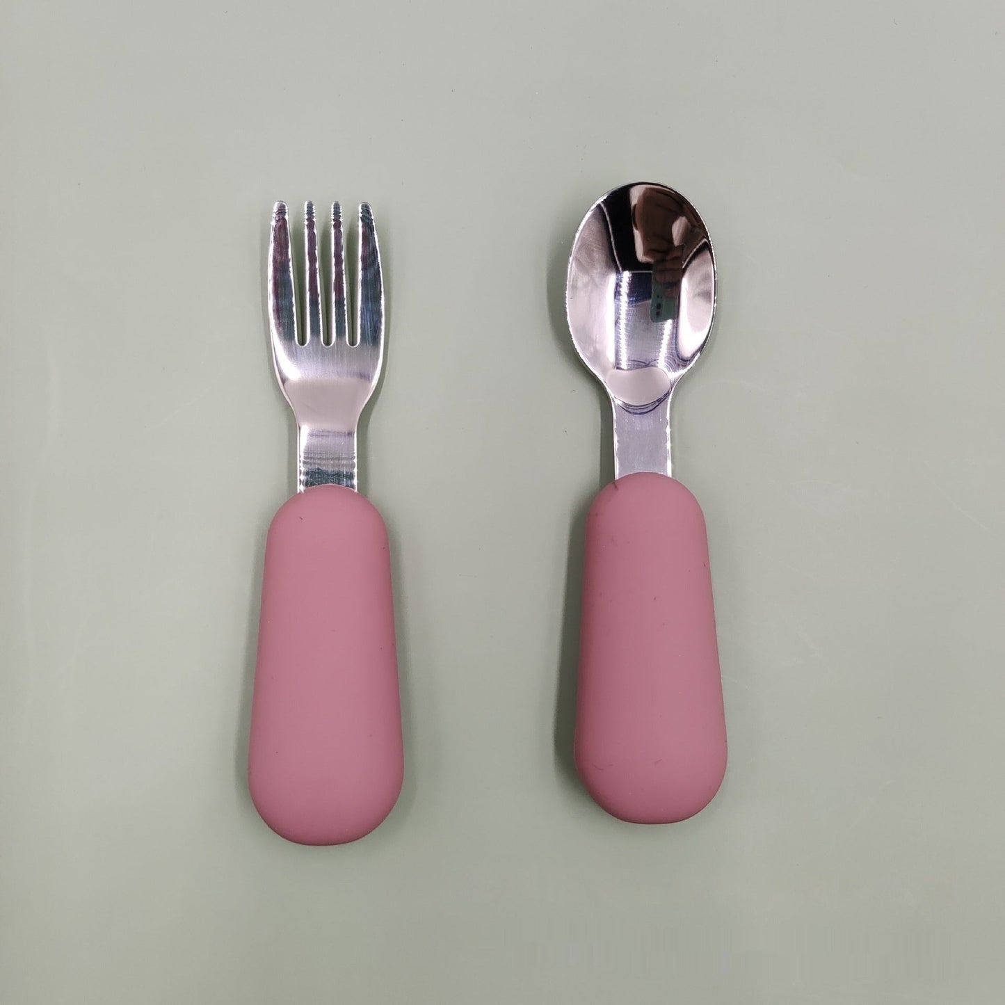 Stainless Steel Baby Spoon Fork Set - Short Handle Silicone Grip