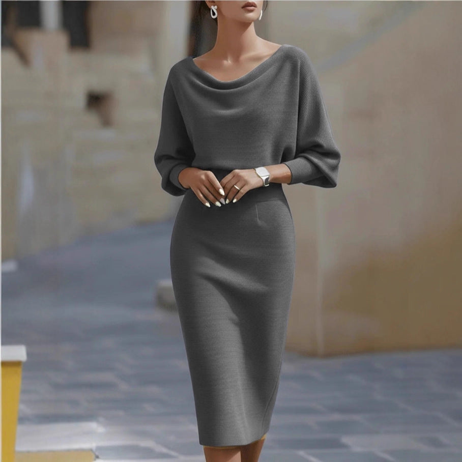 Pleated Batwing Sleeve Midi Dress - Women's Fashionable A-Line Casual Daywear