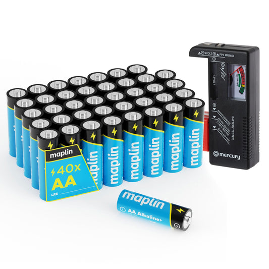 Maplin 40x AA LR6 7 Year Shelf Life High Performance 1.5V Alkaline Batteries with Universal Battery Tester