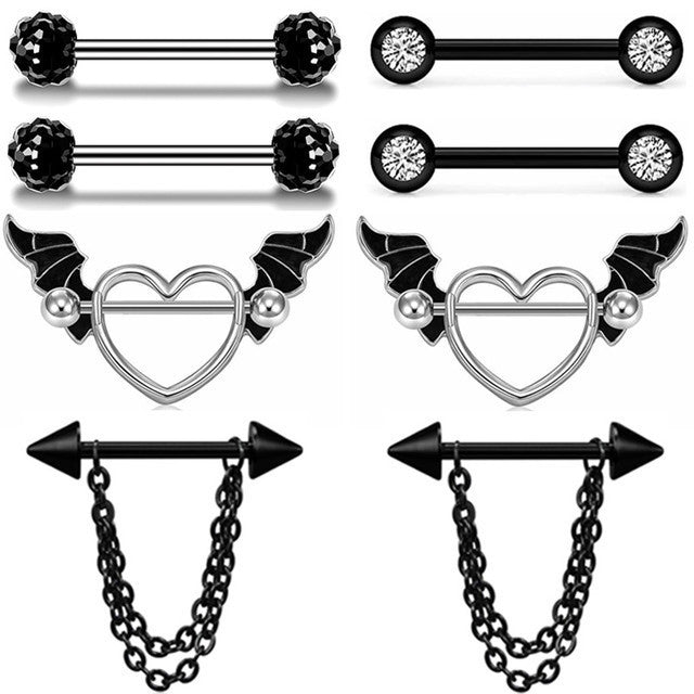 Black Full Drill Ball Straight Wings Heart Shaped Body Piercing Jewelry