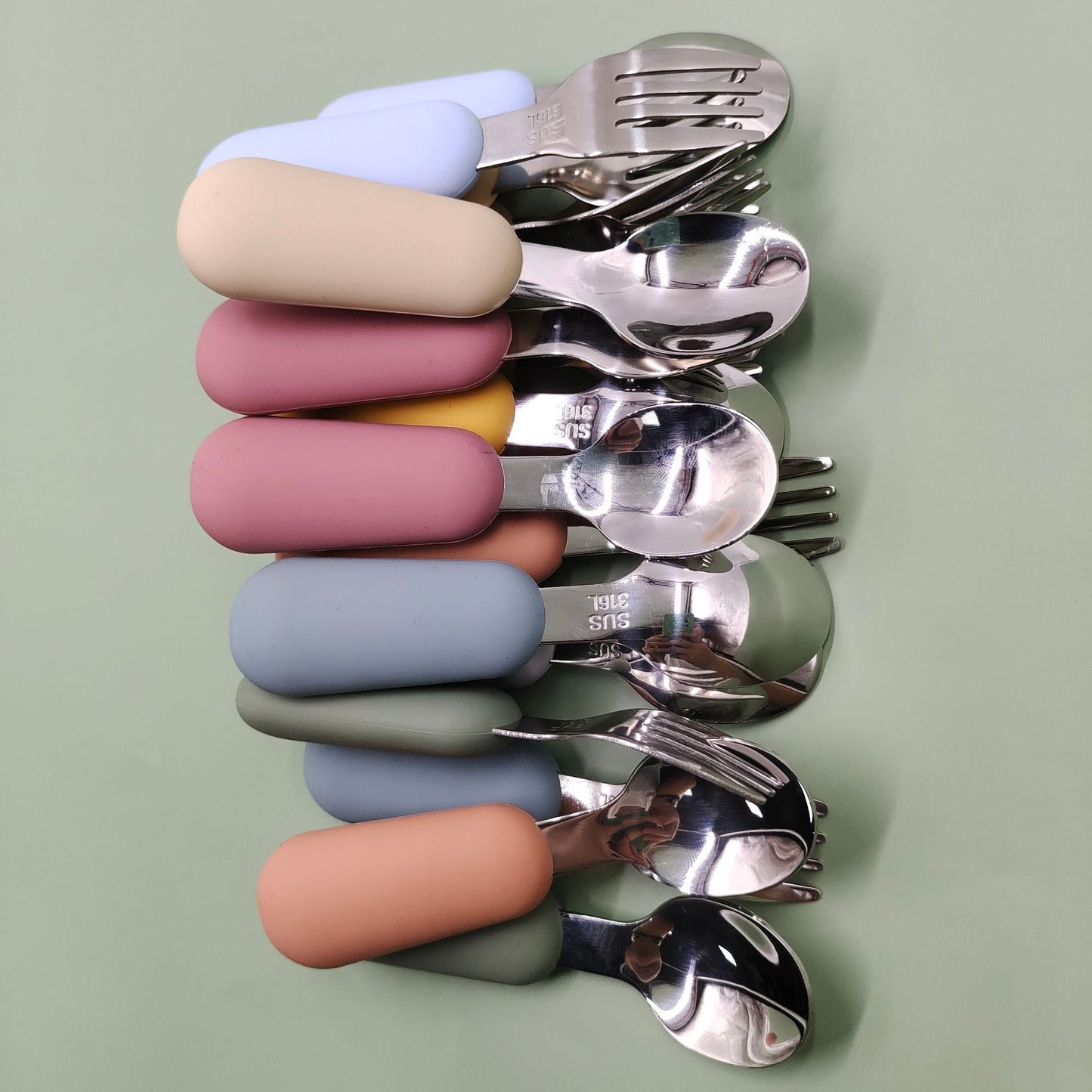 Stainless Steel Baby Spoon Fork Set - Short Handle Silicone Grip