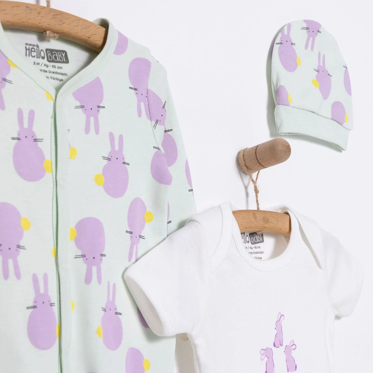HelloBaby Bunny Print Baby Bodysuit, Hat & Footed Sleepsuit Set (Newborn to 6 Months)