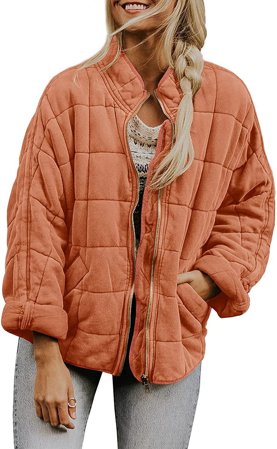 Winter Zip-up Stand Collar Coat With Pockets Fashion Solid Color Plaid Long Sleeved Jacket Women's Clothing