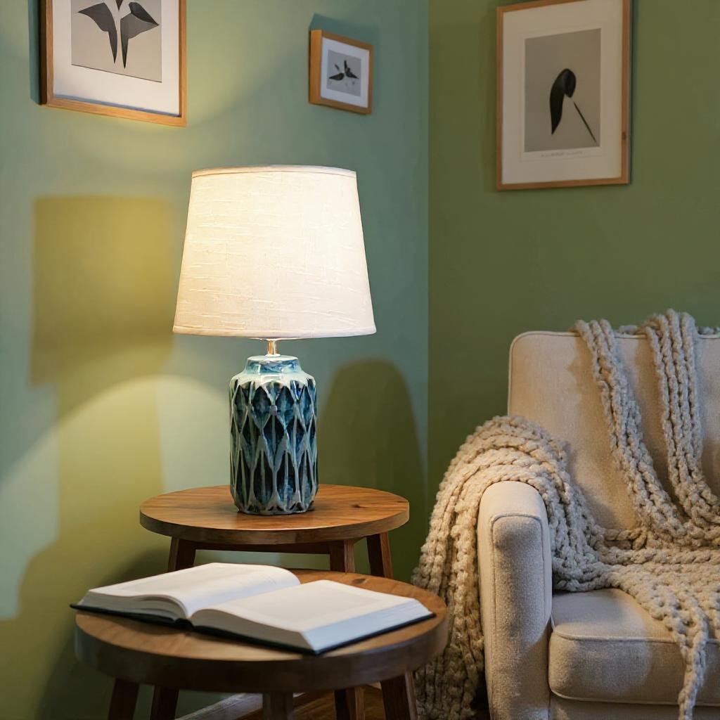 40CM BLUE CERAMIC  LAMP AND SHADE