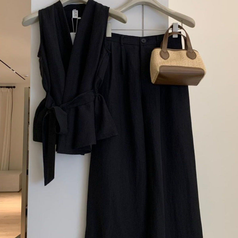 Summer Fashion New Sleeveless Waist-tight Design Lace-up Shirt High Waist Wide Leg Pants Suit
