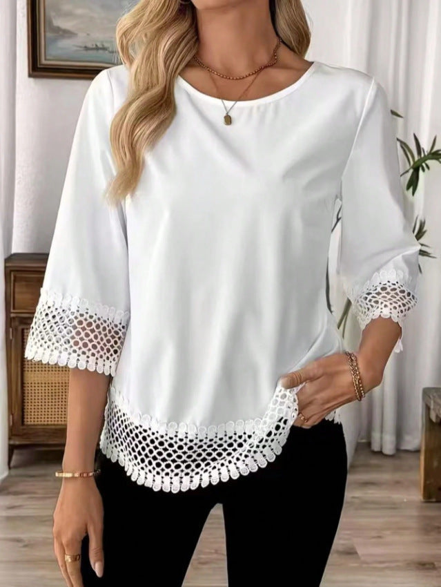 Women's Solid-Color Lace Trim Crewneck T-Shirt