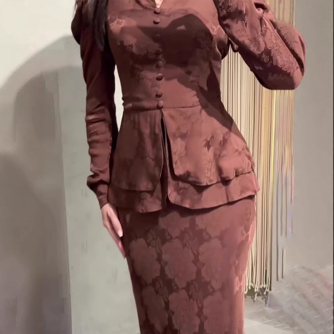 Elegant Retro Long Sleeve Top Slim Fit Long Dress Dress