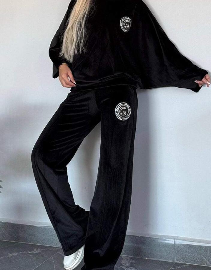 Velvet Solid Color Crew-neck Batwing Sleeve Casual Two-piece Suit Women's Clothing