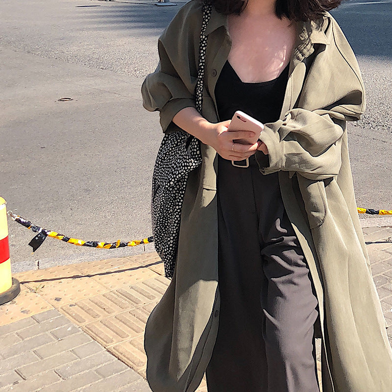 Spring Solid Color Single-breasted Batwing Sleeve Mid-length Long Sleeve Trench Coat Women