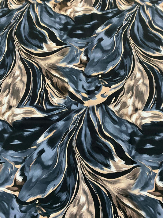 Abstract Feather Pattern Fabric in Black, Beige, and Blue – Custom Printed Fabric on Satin, Crepe, Spandex or Chiffon