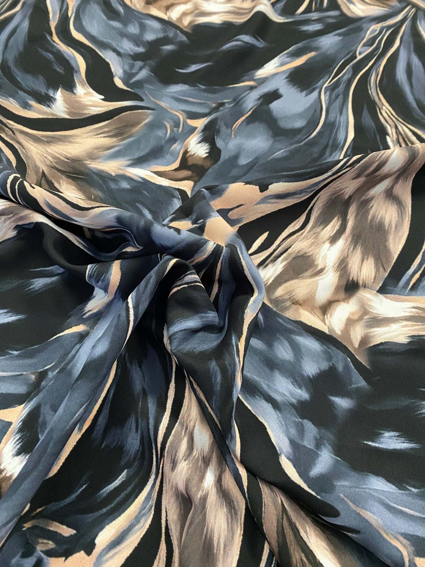 Abstract Feather Pattern Fabric in Black, Beige, and Blue – Custom Printed Fabric on Satin, Crepe, Spandex or Chiffon