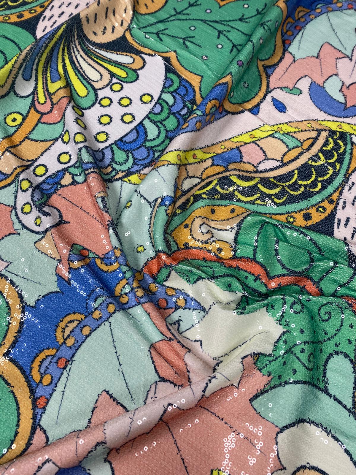 Abstract Floral Multicolour Sequin Fabric by the Metre