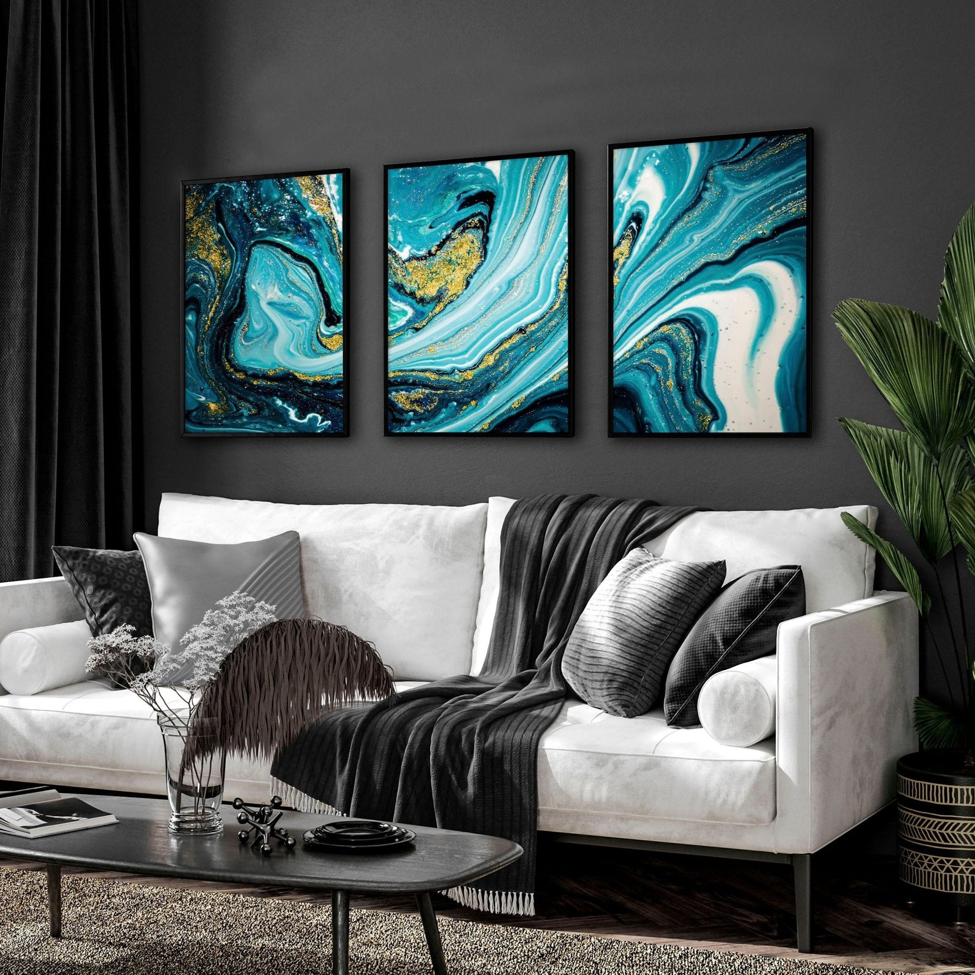 Teal painting | set of 3 Abstract Marble wall art prints