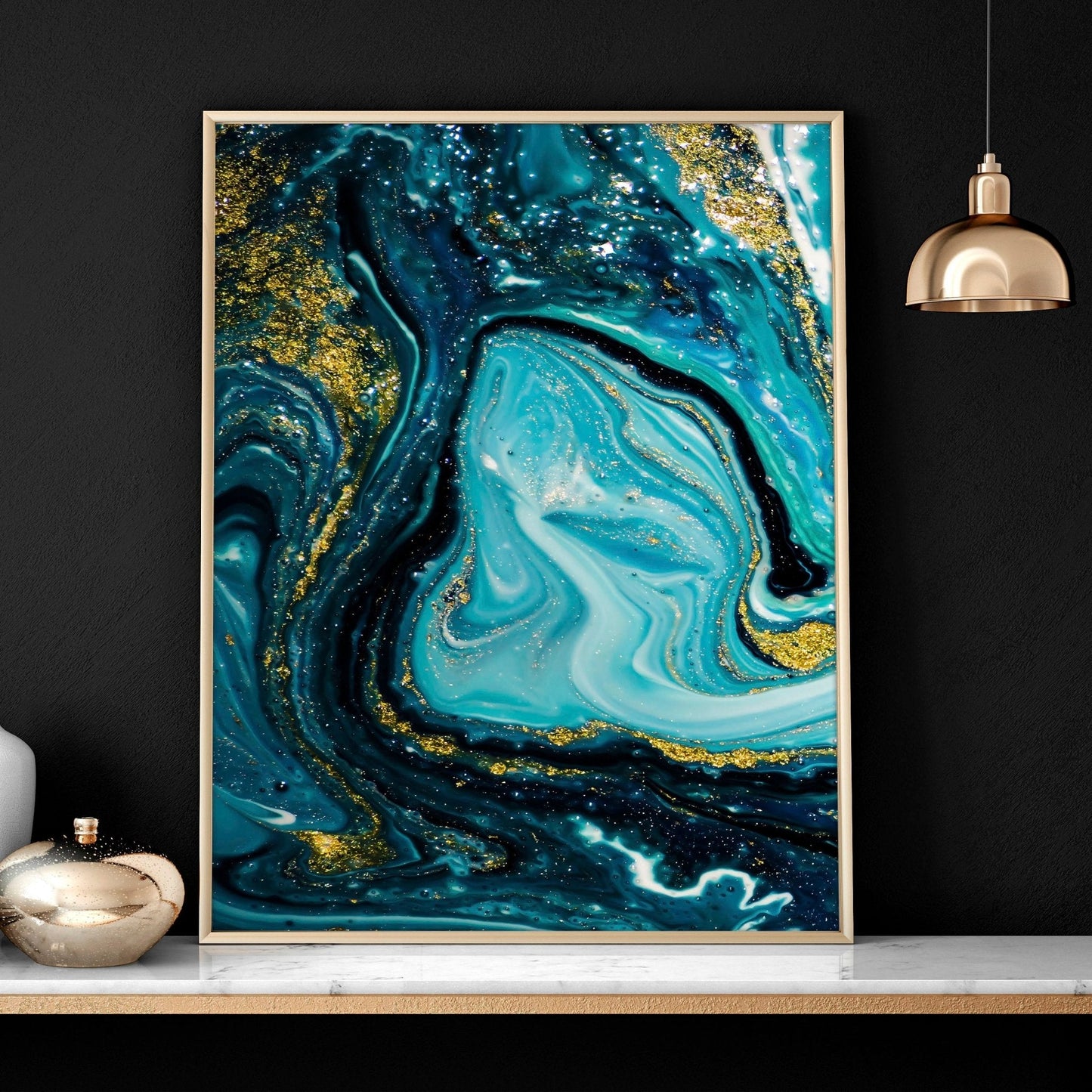 Teal painting | set of 3 Abstract Marble wall art prints
