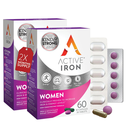 ActiveIron Iron + Multivitamin for Women – Gentle 25mg Iron, Non-Constipating | 60 Capsules + 60 Tablets
