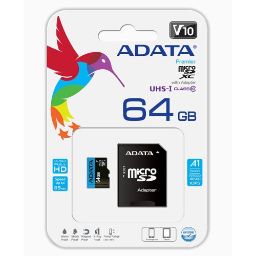ADATA 64GB Premier Micro SDXC Card A1 Class 10 with SD Adapter