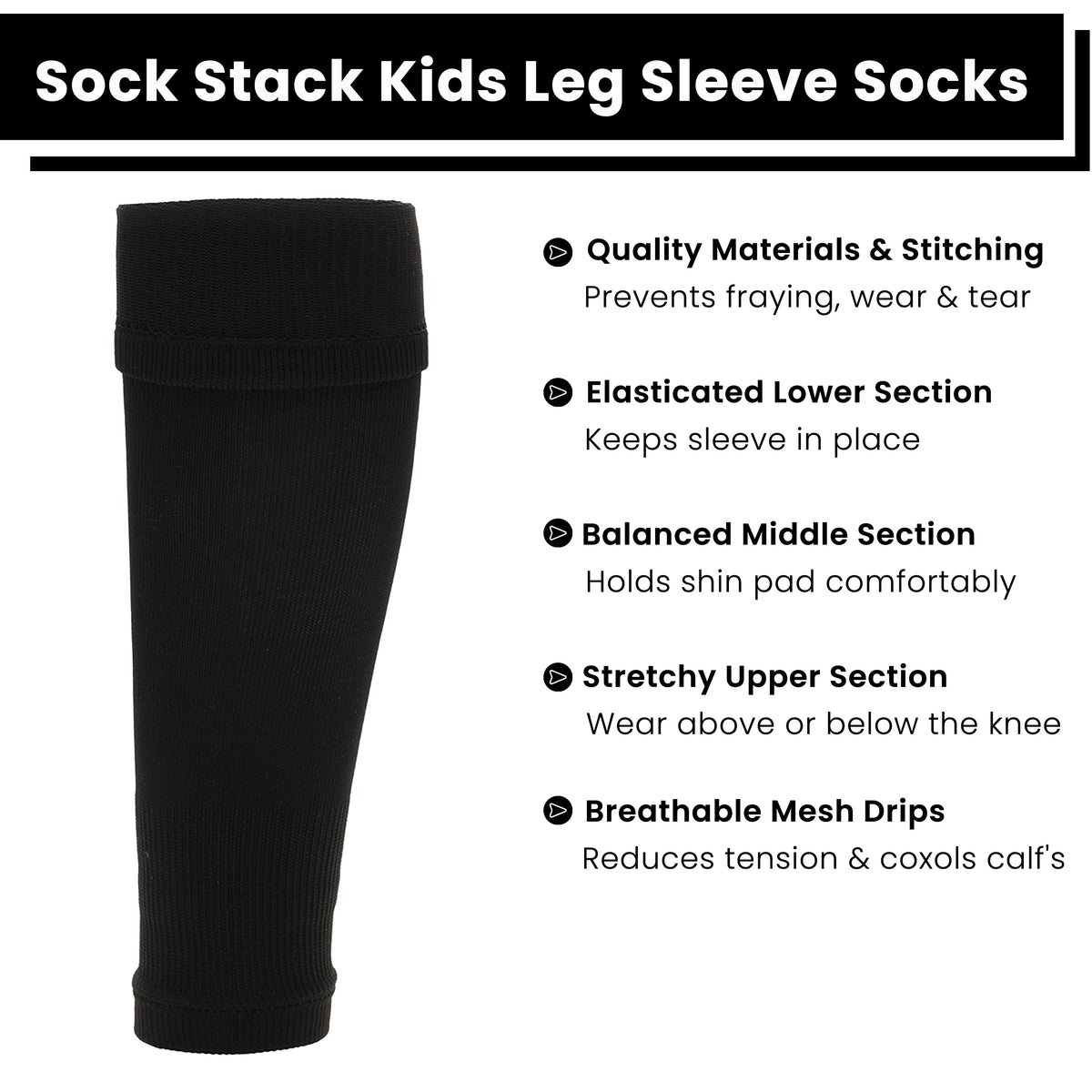 Sock Stack Adults Black Football Leg Sleeve Socks Compression Support Over Shin Pads