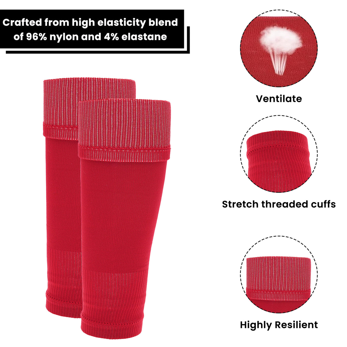Sock Stack Adults Unisex Red Football Leg Sleeve Socks Compression Support Over Shin Pads