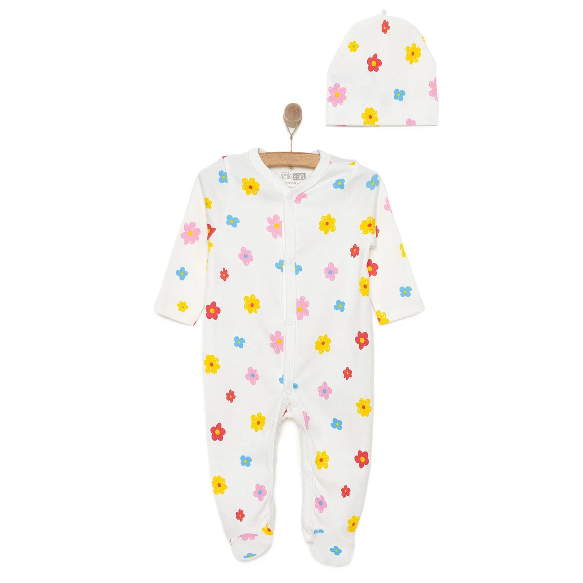 HelloBaby Floral Print Footed Baby Sleepsuit & Hat Set (Newborn to 9 Months)